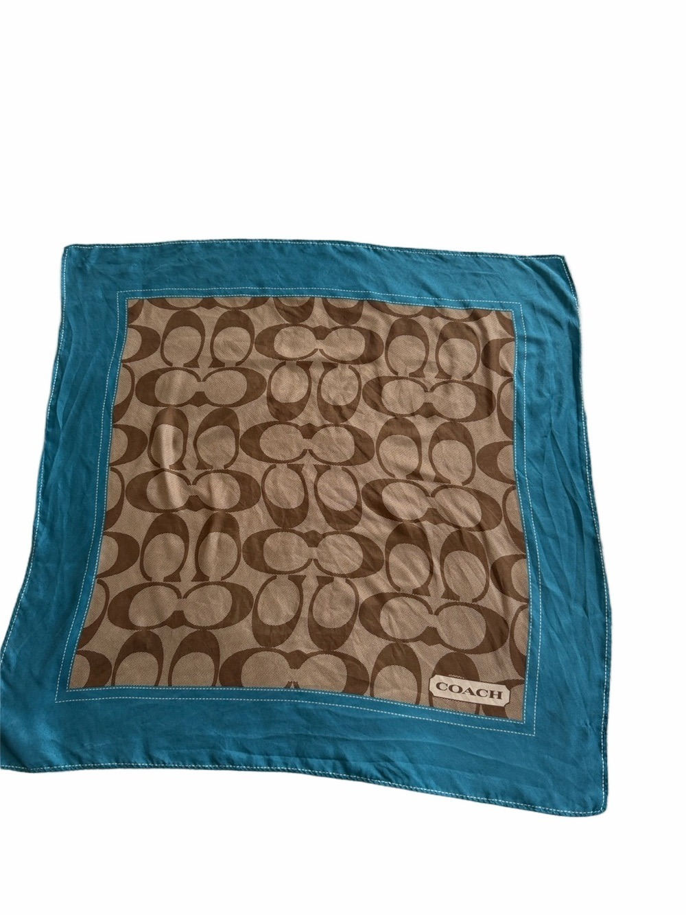 Coach Signature C Silk Scarf 20x20 Teal Brown Logo Print Square Neck Scarf
